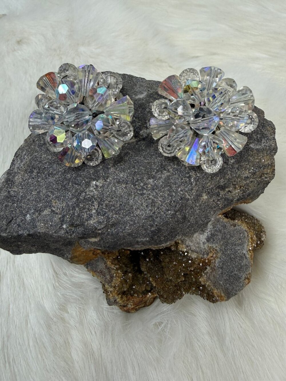 Vintage Aurora Borealis AB Glass Cluster Bead Clip-on Earrings 1.25" X 1.25"